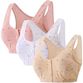 3Pack Middle-Aged Elder Woman Floral Wirefree Bra Front Button Closeure Soft Cotton Bra for Mom Grandma Gift