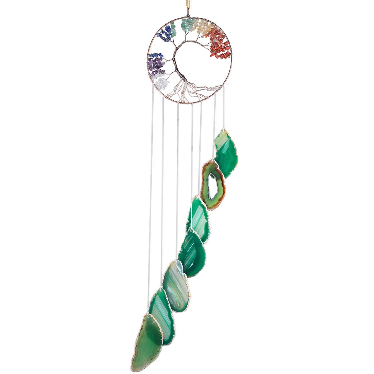 Nupuyai Tree of Life Agate Slices Wind Chimes, 7 Chakra Stone Healing Crystal Hanging Ornament Home Window Wall Art Decor Green