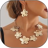 GIGB PBDK Chunky Necklace Earrings Set for Women Vintage Gold Heart Flower Choker Necklace Dangle Earrings Geometric Pleated Love Floral Jewelry Set Gifts