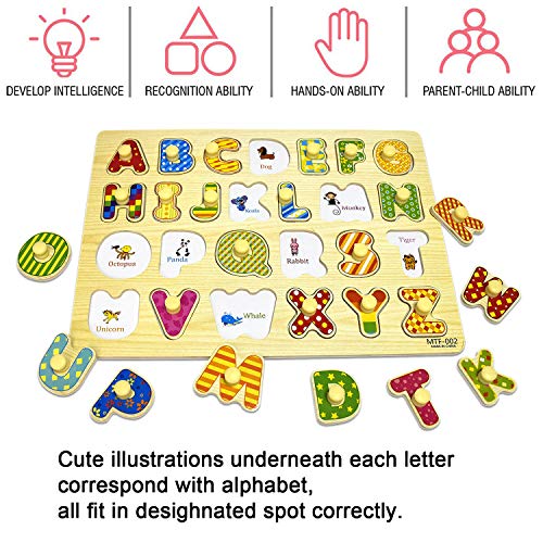 Kids Wooden Alphabet ABC, Numbers 123 and Shapes Learning Puzzles Board, 3 Puzzle Set Preschool Educational Peg Puzzles Montessori Toy for 1 2 3 Year Olds Toddlers Baby Girls Boys