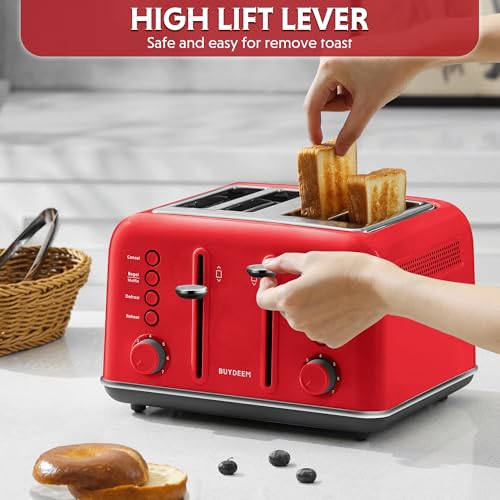 BUYDEEM DT640 4-Slice Toaster, 7 Shade Settings, Extra Wide 1.5’’ Slots for Bagel & English Muffin, 6 Toasting Functions, Retro Stainless Steel Toaster with High Lift Lever, 1800W, Red