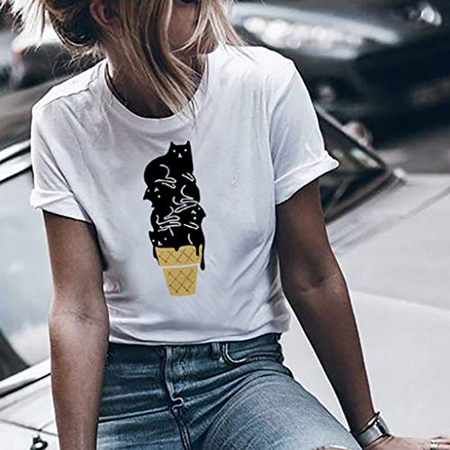 Women's Tops Miuye Summer Cute Cat Print Tops Short Sleeve T-Shirts Blouse Tunic Graphic tees Tanks (XXXL, White)