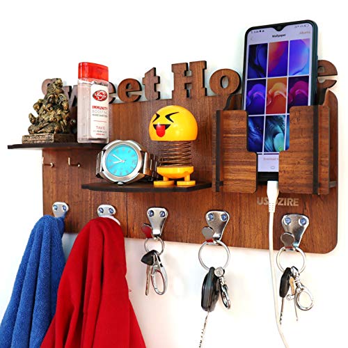 US DZIRE™ 823 Wall Mount Mobile Charging Holder with Shelf, Key, Cloth Hanger, Multi-use for Sunglasses Watch Wallet Showpiece Stand, Wooden Handcraft