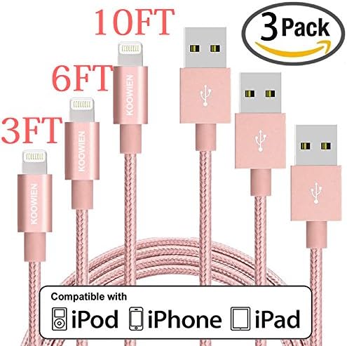 Lightning Cable, KOOWIEN 3PCS 3FT 6FT 10FT 8pin Nylon Braided Extra Long Charging Cable USB Cord Charger for Apple iPhone 6s, 6s+, 6+, 6,iPhone 7, 7plus, iPad Mini,Air,Pro,iPad5,iPod (Rose Gold)