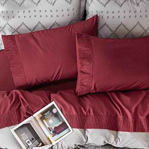 Bedsure Queen Sheet Set Soft 1800 Sheets for Queen Size Bed, 4 Pieces Hotel Luxury Burgundy