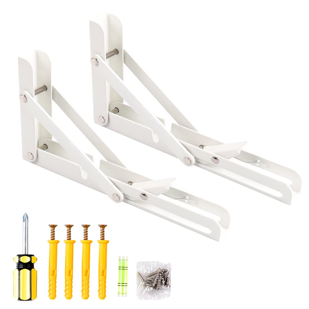 Oudtinx 2PCS Folding Shelf Brackets,Heavy Duty Triangle Shelf Bracket for Bench Table,Wall Mounted Standing Shelf Brackets for Saving Place,Multi Size 8" White