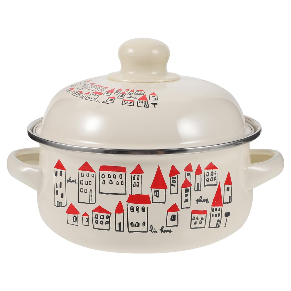 Vintage Enamel Stockpot with Lid, Double Handle Stew Pot, Retro Cooking Pot, Enamel Soup Pot Cookware for Home Kitchen Restaurant