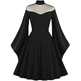 IWEMEK Women Mesh Long Sleeve Gothic Cocktail Vintage Dress Goth Sheer Illusion Panel Wedding Guest Evening Party Swing Dress