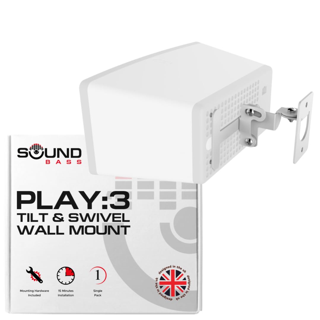 Sound bass Play 3 Wall Mount White, Compatible with Sonos Play:3, Adjustable Swivel & Tilt Mechanism, Mounting Bracket Includes All Fixings