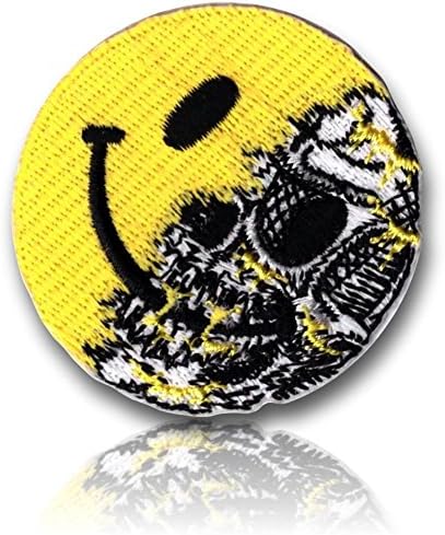 [Single Count] Custom and Unique (2.25" Inch) Circular Smiley Face Head Skull Tactical Morale Airsoft Team Costume Badge Design (Funny Comedy) Hook Fastener Patch {Yellow, White, &amp; Black} {LICENSED}