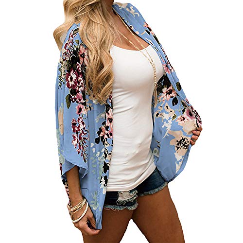 Farmerl Cardigan for Women Floral Printed Short Sleeve Chiffon Kimono Top Blouse Blue