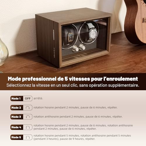 BeSokar 2 Watch Winder Black Walnut Wood 4 Rotation Modes LED Light Ultra Quiet