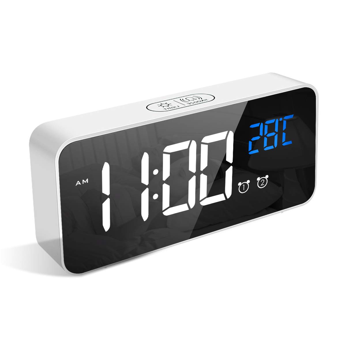 LATEC Digital Alarm Clock with Big LED Temperature Display Bedside Clock with 10 Alarm Sounds USB Charging Port 4 Levels Adjustable Brightness Dimmer Snooze with Dual Alarm White