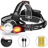 Rechargeable LED headlamp, Zukvye Super Bright LED Headlight Flashlight 6000 Lumen Zoomable Waterproof Red for Cycling, Running, Dog Walking, Camping, Hiking, Fishing, Night Reading and DIY Works