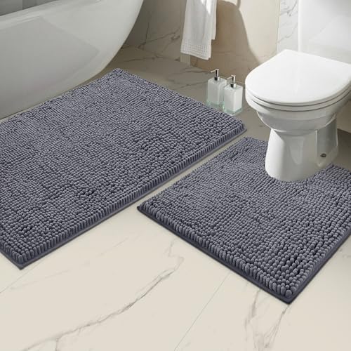 LuxUrux Bath Mat Set, Luxury Chenille (2-Piece) Soft Plush Anti-Slip Rug + Toilet Mat.1'' Microfiber Shaggy Carpet, Super Absorbent (Dark Grey, 80 x 50 cm + U Shaped 50 x 50 cm)