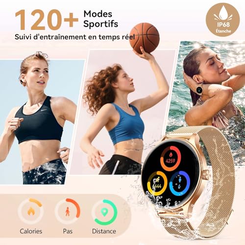 Montre Connectée Femme avec Appel Bluetooth, 1.57" AI Smartwatch avec Fréquence Cardiaque/SpO2/Sommeil Montre, 3ATM étanche 120+ Modes Sport, Fitness Podomètre Compatible pour Samsung Android iPhone