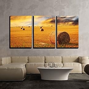 Golden Sunset Over Farm Field with Hay Bales x3 Panels