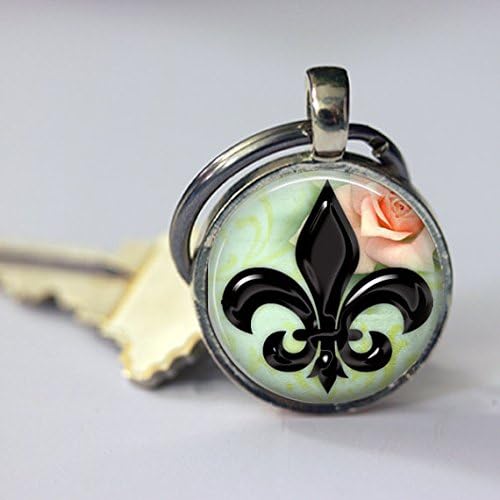 Handmade Key Chain,hiny Black Fluer De Lis with Rose Key Chain