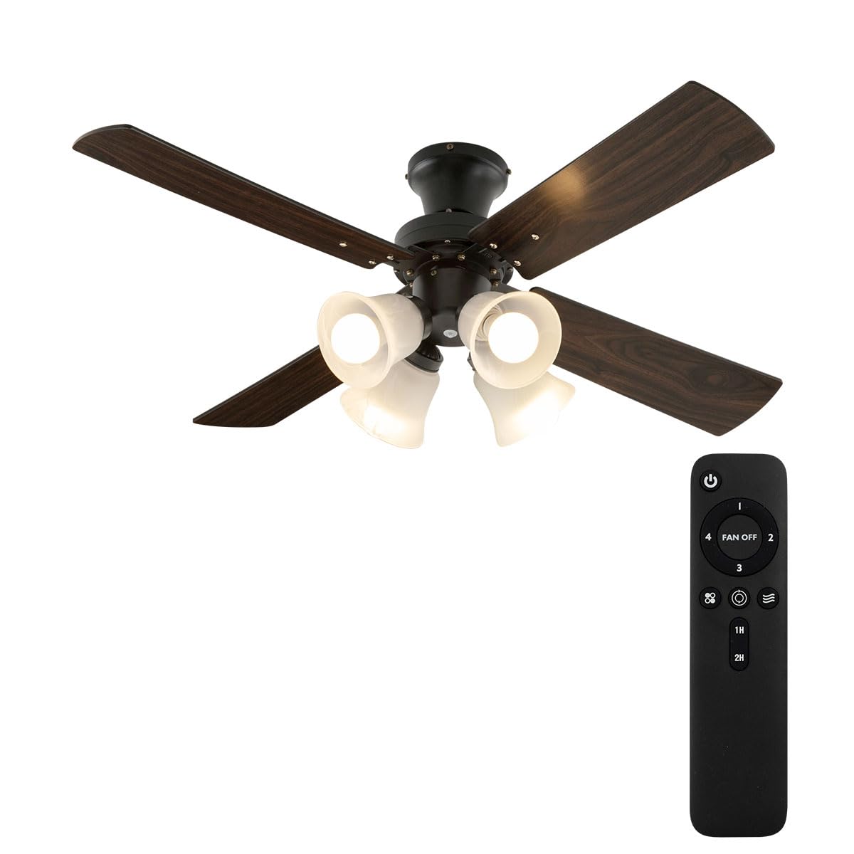 ぼん家具 シーリングファンライト LED 木製 DCモーター 静音 E26 4灯 10畳 12畳 4枚羽根 風量調節 リバーシブル羽根 リモコン付き 北欧 おしゃれ 省エネ ブラック