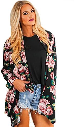 ZEAMO Women Flowy Sheer Crop Sleeves Loose Chiffon Kimono Cardigan Blouse Top (Large, Black-Pink)