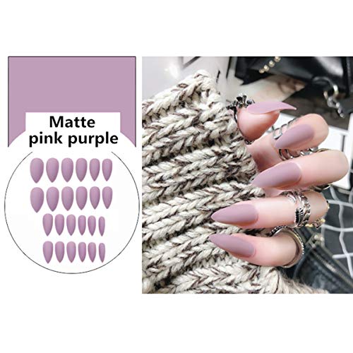 editTime 24PCS Solid Colors Acrylic Stiletto False Nails Full Cover Fake Nails Tips Natural Long Claw Nails (Matte pink purple)