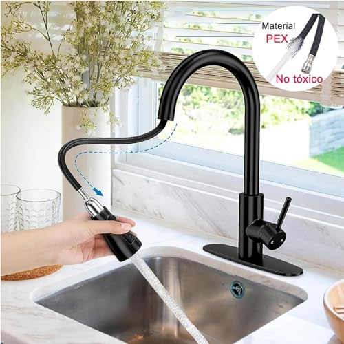 Actualizado Grifo de Cocina de Acero Inoxidable - 1 Mezcladora para Fregadero + 1 Cepillo de Limpieza +1 Paño Limpieza + Otros Accesorios, Grifo Llaves para Fregadero de Cocina Llave Mezcladora Negro