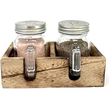 Mason Jar Salt & Pepper Shakers Set with Wood Tray for Rustic Farmhouse Table Decor, Vintage Home Decoration, Restaurants and Gift