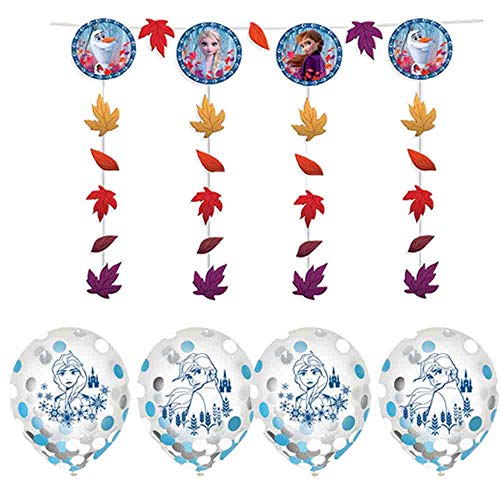 Mega Frozen 2 Birthday Party Supplies and Decoration Pack For 16 With Frozen 2 Dinner and Dessert Plates, Napkins, Cups, Tablecover, String Deco, Table Decoration Kit, Candle, Leaves, and Frozen Pin
