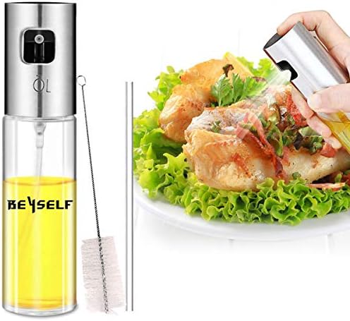 BeYself Oil Sprayer Dispenser, Oil & Vinegar Sprayer/Dispenser/Oil Spray Bottle 100ml Stainless Steel & Glass for BBQ, Salads, Cooking, Grilling, Frying