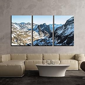 3 Piece Canvas Wall Art - Panorama View of Mountain Peak Covered with Snow - Modern Home Art Stretched and Framed Ready to Hang - 16"x24"x3 Panels