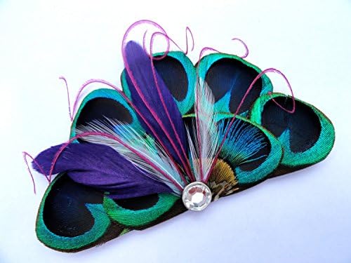 Oh Lucy Handmade RIO Peacock Feather Hair Clip, Bridal Hair Piece in Blue, Purple, Pink and Natural Peacock