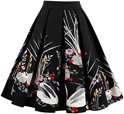 Jolisson Womens Summer Skirts A-Line Vintage Midi Pleated Dress High Waist Bohemia Floral Knee Length Skirt