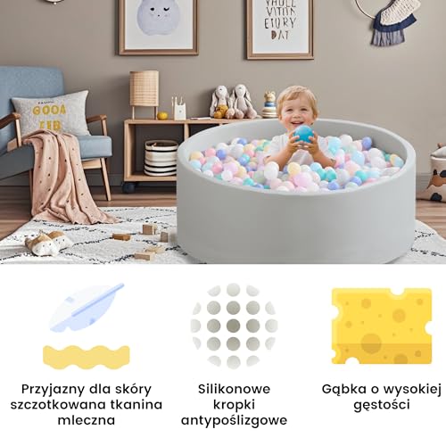 Zedachica Baby Ball Pool, 120 cm x 40 cm, Round Foam Ball Pit for Children from 1 Year Old, Indoor and Outdoor for Girls and Boys (Grey, No Balls)