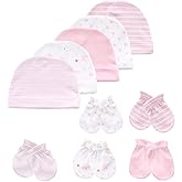 MAMIMAKA Baby Hat and Mittens Set Newborn Baby Hats Caps for Baby Boys Girls 0-6 Months 100% Cotton