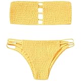 DEZZAL Women's Strapless Shirred Smocked Bandeau Two Piece Bikini Set Swimsuit (Yellow, M)