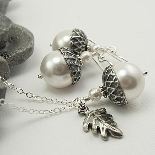 Acorn Necklace & Earrings Set with Oak Leaf and White Crystal Core Simulated Pearls, Sterling Silver Chain, 16 inches