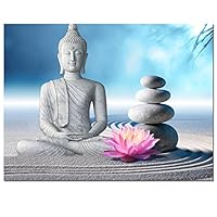 Visual Art Decor Buddha Canvas Wall Art Framed and Stretched Large Peaceful Buddha Act with Compassion White Sand Zen Stone Canvas Prints Buddhism Decoration for Wall (24"x32")