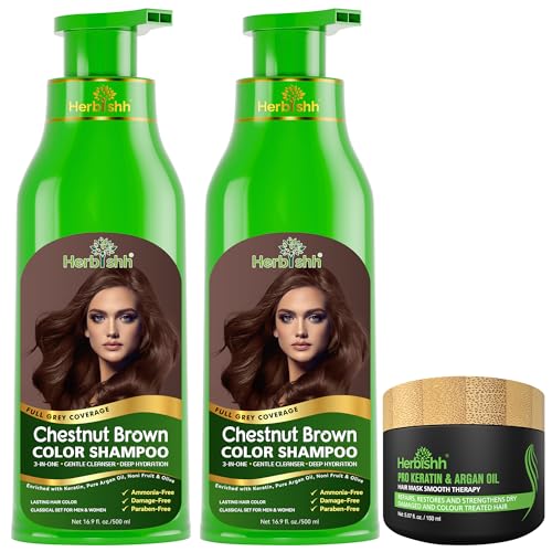 Herbishh 2 Pcs Chestnut Brown Hair Color Shampoo+ 1Argan Hair Mask Permanent Color Shampoo For Men And Women Long Lasting Easy To Apply