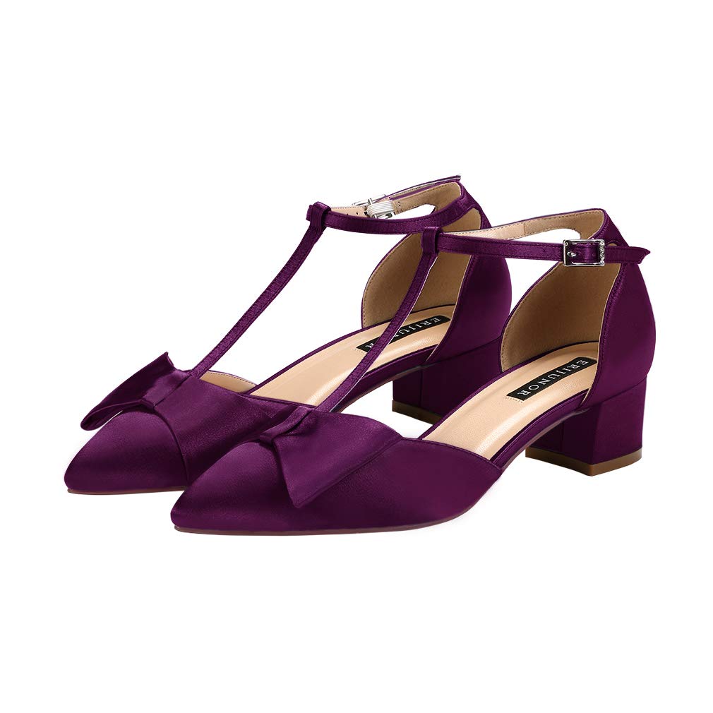 ERIJUNOR Bow Shoes Comfortable Chunky Low Heels for Women Pointy Toe T-Strap Evening Wedding Satin Shoes - Image 3