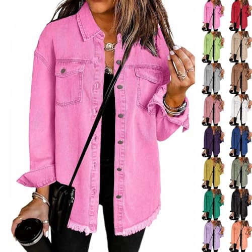 Uwdiohq Women's Denim Jackets Button Down Stretch Boyfriend Jean Jacket,Ladies Casual Business Work Autumn Winter Coat Wax Womens Girls Jacket Pink Ladies Outfits for Women Plus Size Fall