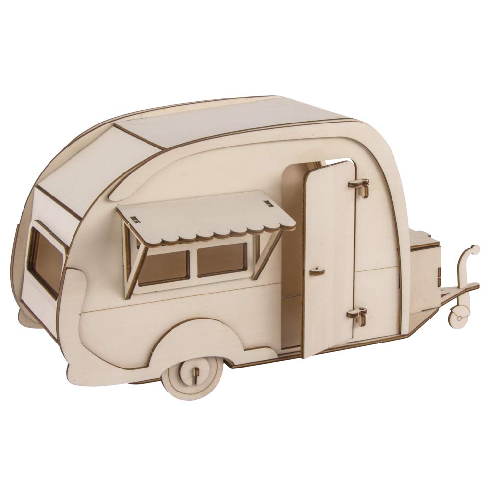 Rayher Wooden Caravan Building Kit, DIY Construction Kit with Interlocking Parts, 40 slot-together Pieces, natural wood, 36x18x15cm, 62858505