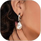 Pearl Earrings for Women 14K Gold Plated Freshwater Pearl Drop Earrings Dangle Hoop Wedding Bridal Bridesmaid Gifts Jewelry for Women