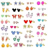 33 Pairs 18K Gold Plated Mixed Colorful CZ Earrings Flower Cute Animal Butterfly Mouse Heart Shape Star Lollipop Ladybug Faux Pearl Stud Earring Set New Year Christmas Gift for Girls Kids