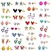 33 Pairs 18K Gold Plated Mixed Colorful CZ Earrings Flower Cute Animal Butterfly Mouse Heart Shape Star Lollipop Ladybug Faux Pearl Stud Earring Set New Year Christmas Gift for Girls Kids