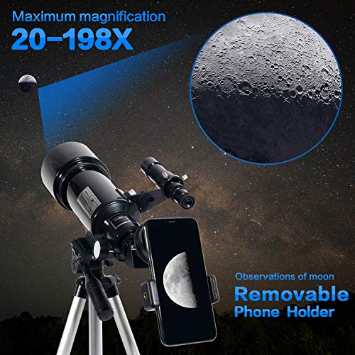 Upchase Astronomisches Teleskop, 400/70mm Refraktor Teleskop Schwarz, Einfach zu Montieren und zu Verwenden, Ideal für Anfänger,Kinder und Erwach für Mond, Planeten und Sternenbeobachtung – Bild 6