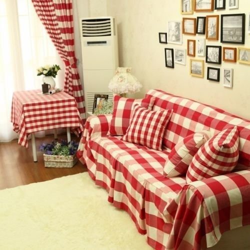 Red Grid Vintage style Cotton Loveseats Couch Cover Throw Sofa Cover