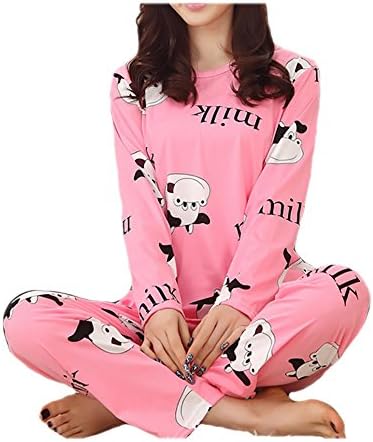 RAYYEE Big Girls' Pajamas Cartoon Female Long-sleeve Pajamas Suits(Pink) L