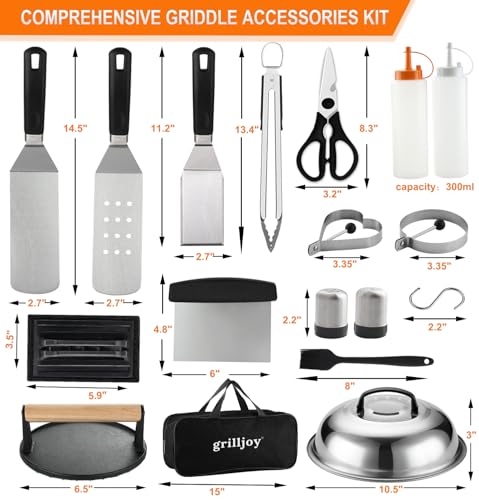 grilljoy Grill Accessories Set, Smash Burger Kit with Spatula Set, Smash Burger Press, Gift Plancha Kit Dad Men, 28 Pieces Utensils for Fire Bowl, Teppanyaki, Outdoor Barbecue, Camping