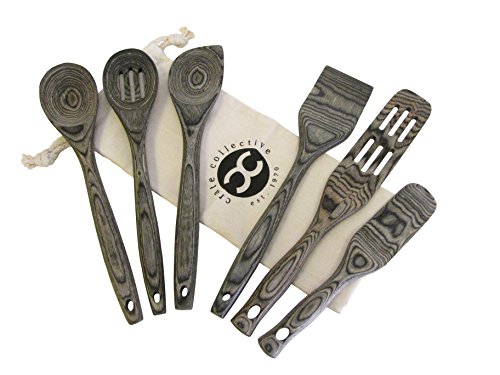 Exotic Pakkawood 6-Piece Kitchen Utensil Set with 12-in Spoon, 12-in Slotted Spoon, 12-in Spatula, 12-in Corner Spoon, 13-in Large Spurtle, & 9-in Small Spurtle - by Crate Collective (Beechnut)