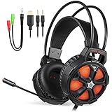 Gaming Headset, EasySMX COOL 2000 Over Ear Stereo Gaming Headphone with Mic and Volume Control, Y Splitter Cable, for PC/MAC / NEW Xbox One / PS4 / Smartphone/Nintendo Switch (Black and Orange)